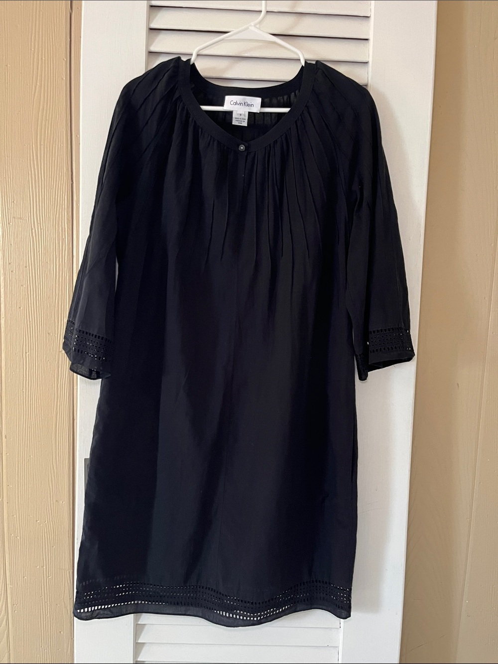 Calvin Klein Black Midi Shift Dress with Eyelet Trim